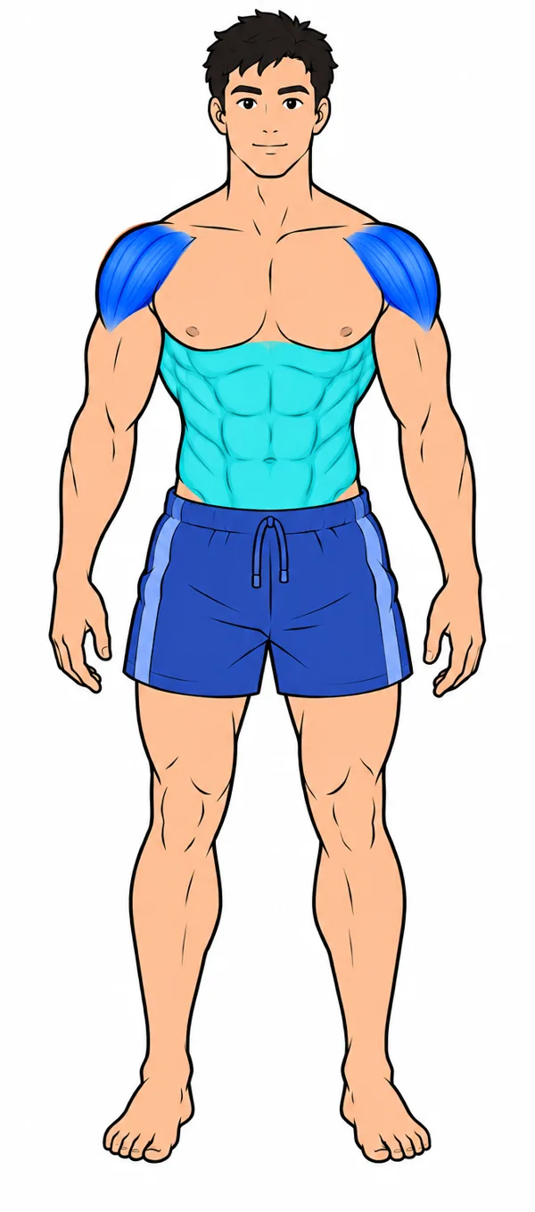 Le personnage debout, les épaules colorées en bleu et le ventre en turquoise.