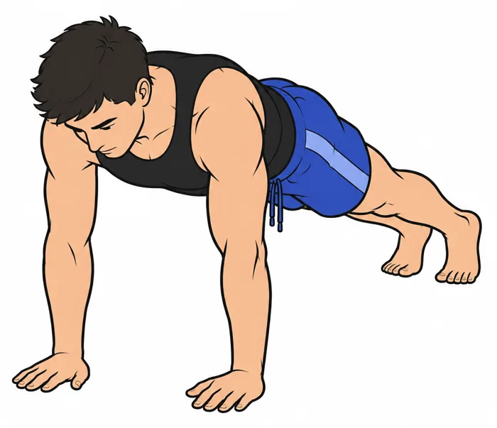 En planche sur les mains, bras tendus.